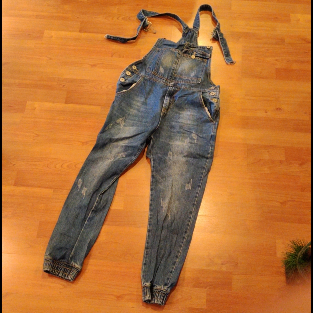 Distressed Denim Overalls Joggers